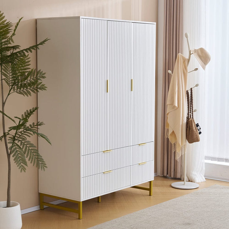 Mercury Ridged 3 Doors 4 Drawers Wardrobe In White