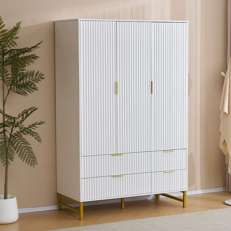 Mercury Ridged 3 Doors 4 Drawers Wardrobe In White