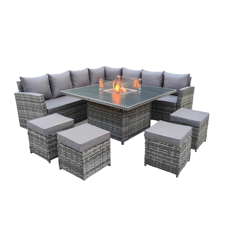 Rosen 11 Seater Rattan Garden Furniture Corner Sofa Cube Set With Aluminum Fire-Pit Table