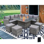 Rosen 11 Seater Rattan Garden Furniture Corner Sofa Cube Set With Fire-Pit Table