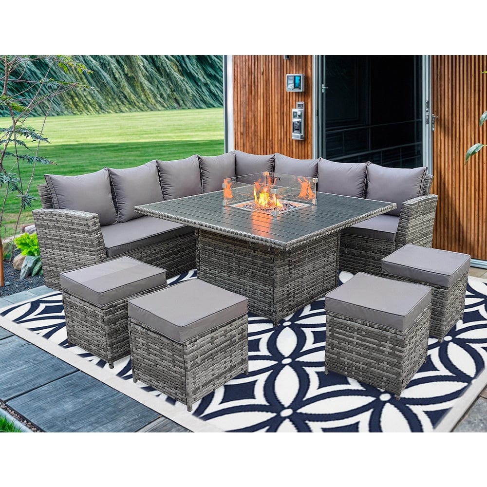 Rosen 11 Seater Rattan Garden Furniture Corner Sofa Cube Set With Fire-Pit Table