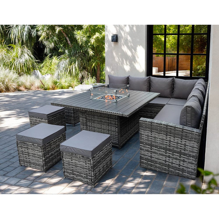Rosen 11 Seater Rattan Garden Furniture Corner Sofa Cube Set With Aluminum Fire-Pit Table