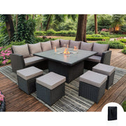 Rosen 11 Seater Rattan Garden Furniture Corner Sofa Cube Set With Fire-Pit Table