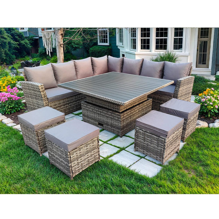 Rosen 11 Seater Rattan Garden Furniture Corner Sofa Cube Set With Aluminum Lift-up Table