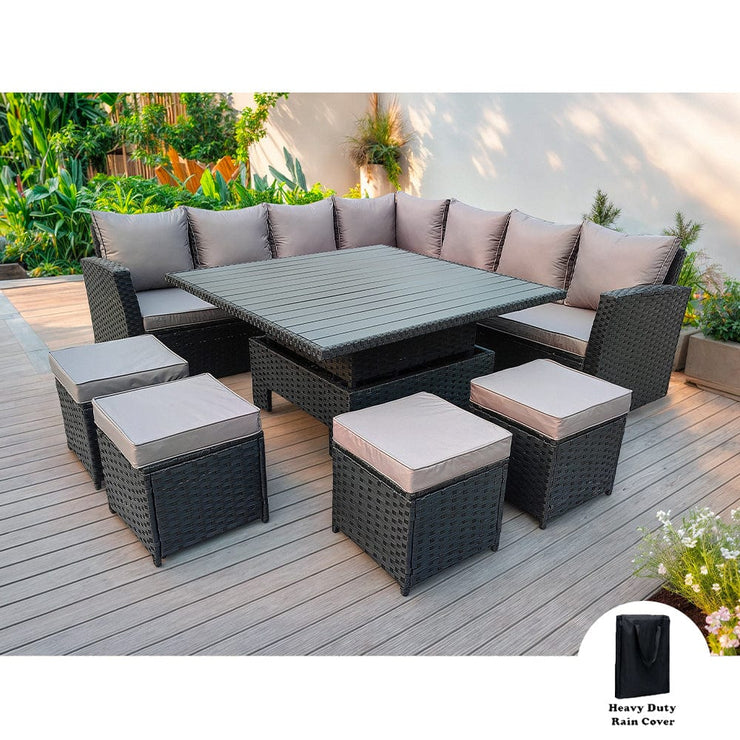 Rosen 11 Seater Rattan Garden Furniture Corner Sofa Cube Set With Aluminum Lift-up Table