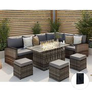 Rosen 9 Seater Fire Pit Rattan Garden Furniture Corner Dining Sofa Set In Grey