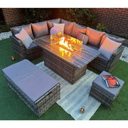 Rosen 9 Seater Rattan Garden Furniture Corner Sofa Set with Fire pit Dining Table and Storage Box in Grey