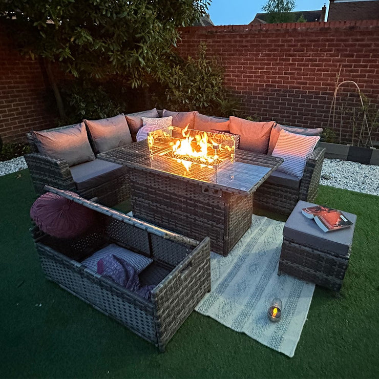 Rosen 9 Seater Rattan Garden Furniture Corner Sofa Set with Fire pit Dining Table and Storage Box in Grey