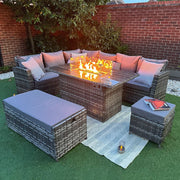 Rosen 9 Seater Rattan Garden Furniture Corner Sofa Set with Fire pit Dining Table and Storage Box in Grey