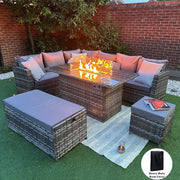 Rosen 9 Seater Rattan Garden Furniture Corner Sofa Set with Fire pit Dining Table and Storage Box in Grey