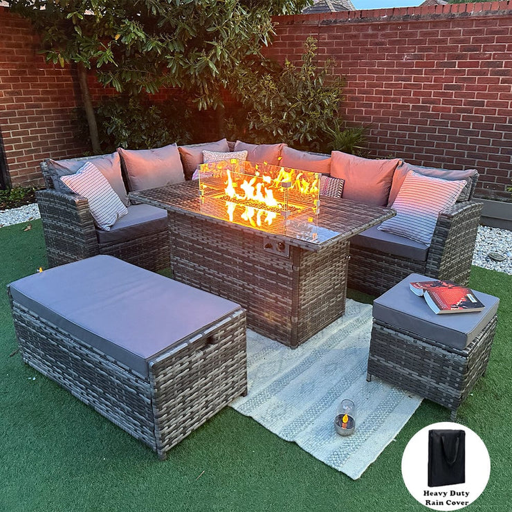 Rosen 9 Seater Rattan Garden Furniture Corner Sofa Set with Fire pit Dining Table and Storage Box in Grey