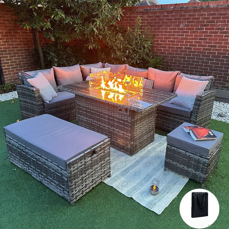 Rosen 9 Seater Rattan Garden Furniture Corner Sofa Set with Fire pit Dining Table and Storage Box in Grey