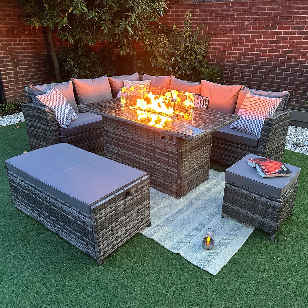 Rosen 9 Seater Rattan Garden Furniture Corner Sofa Set with Fire pit Dining Table and Storage Box in Grey