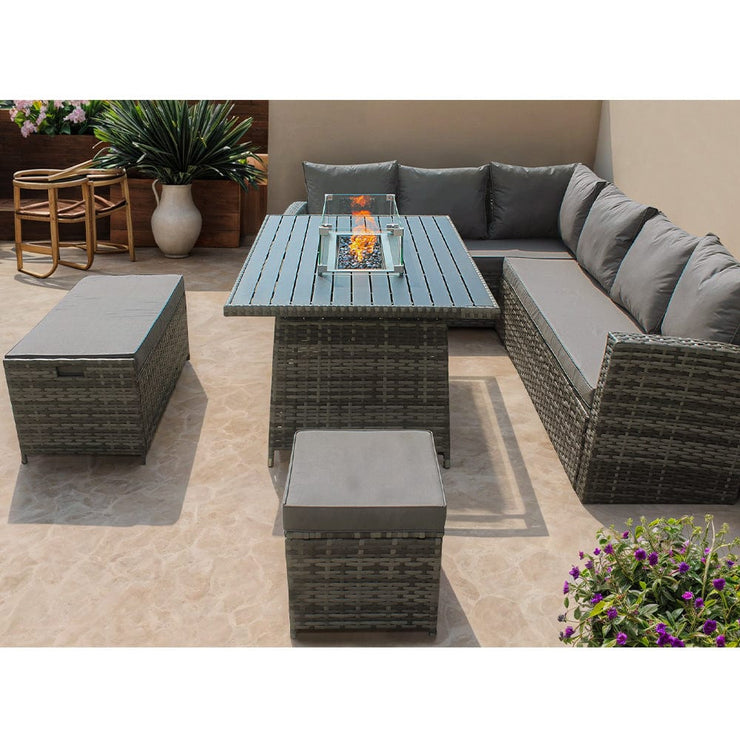 Rosen 9 Seater Rattan Garden Furniture Corner Sofa Set With Aluminum Fire Pit Dining Table And Storage Box