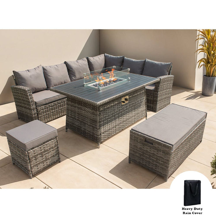 Rosen 9 Seater Rattan Garden Furniture Corner Sofa Set With Aluminum Fire Pit Dining Table And Storage Box