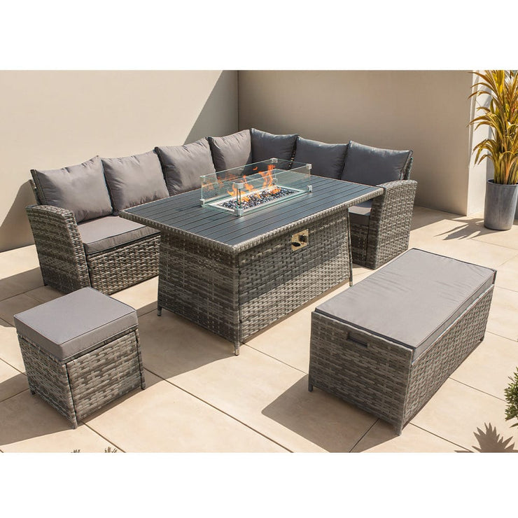 Rosen 9 Seater Rattan Garden Furniture Corner Sofa Set With Aluminum Fire Pit Dining Table And Storage Box