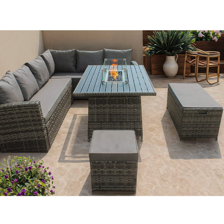 Rosen 9 Seater Rattan Garden Furniture Corner Sofa Set With Aluminum Fire Pit Dining Table And Storage Box