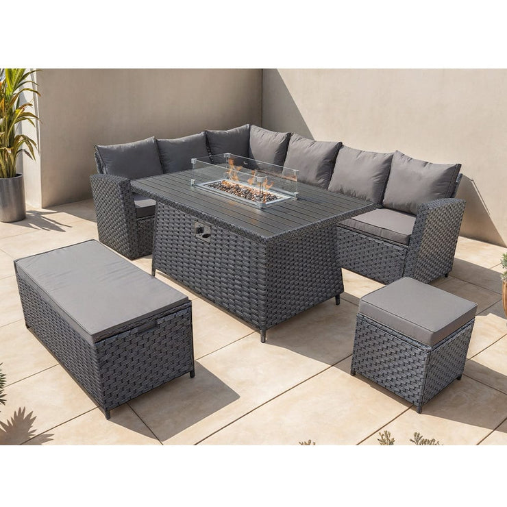 Rosen 9 Seater Rattan Garden Furniture Corner Sofa Set With Aluminum Fire Pit Dining Table And Storage Box