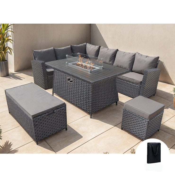 Rosen 9 Seater Rattan Garden Furniture Corner Sofa Set With Aluminum Fire Pit Dining Table And Storage Box