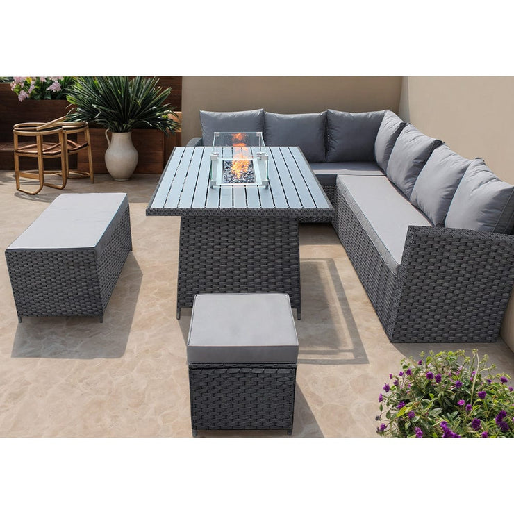 Rosen 9 Seater Rattan Garden Furniture Corner Sofa Set With Aluminum Fire Pit Dining Table And Storage Box