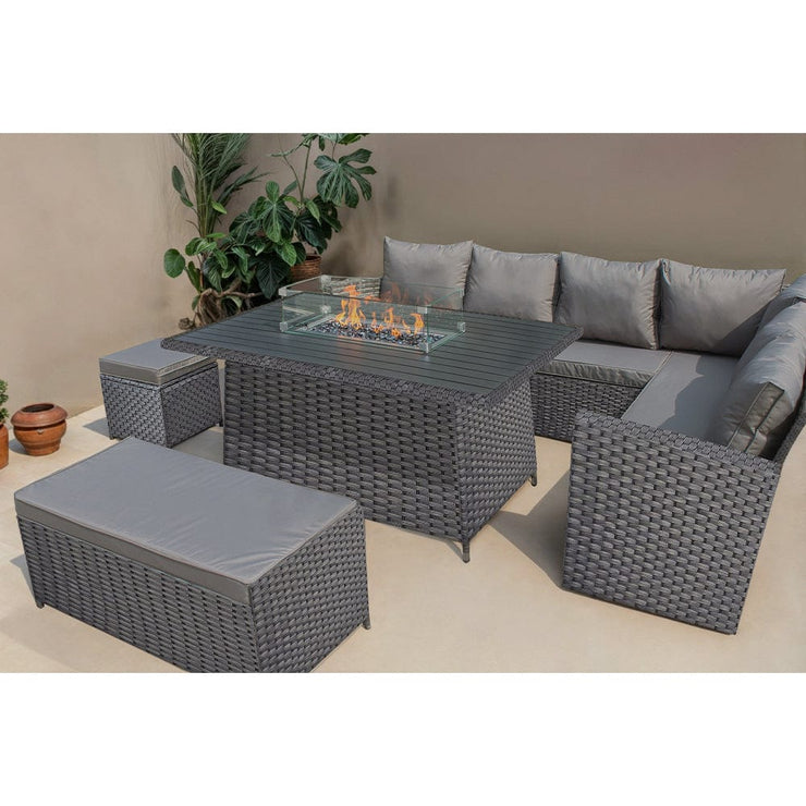 Rosen 9 Seater Rattan Garden Furniture Corner Sofa Set With Aluminum Fire Pit Dining Table And Storage Box