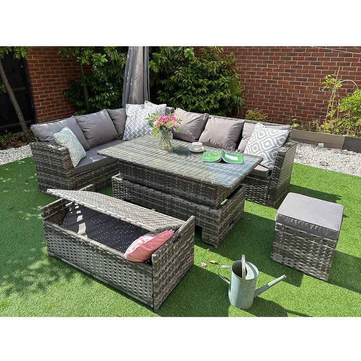 Rosen Rattan Garden Furniture 9 Seater Corner Sofa Rising Table & Storage Bench Sets in Grey