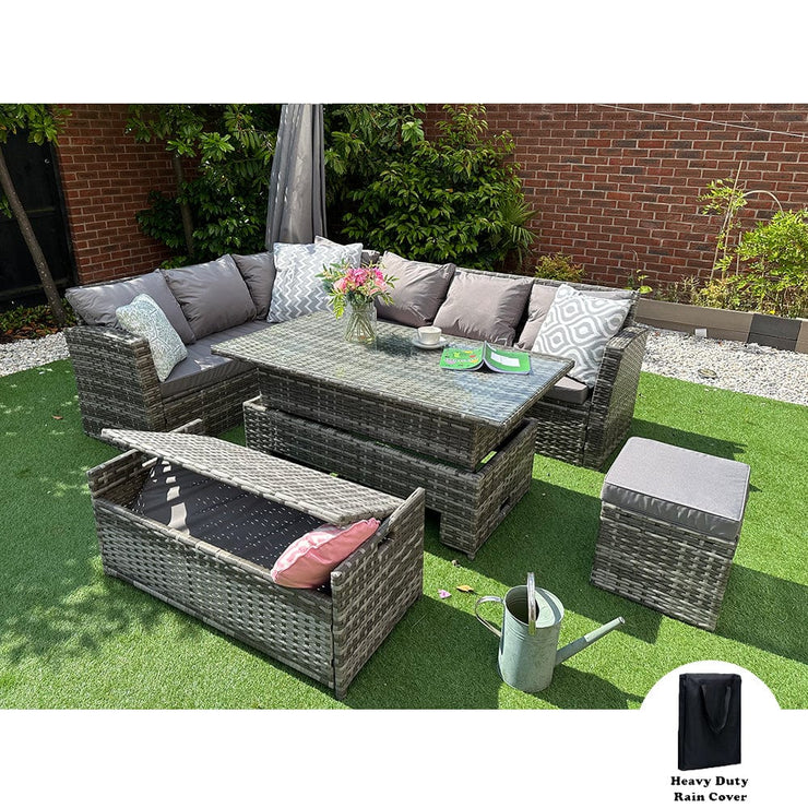 Rosen Rattan Garden Furniture 9 Seater Corner Sofa Rising Table & Storage Bench Sets in Grey