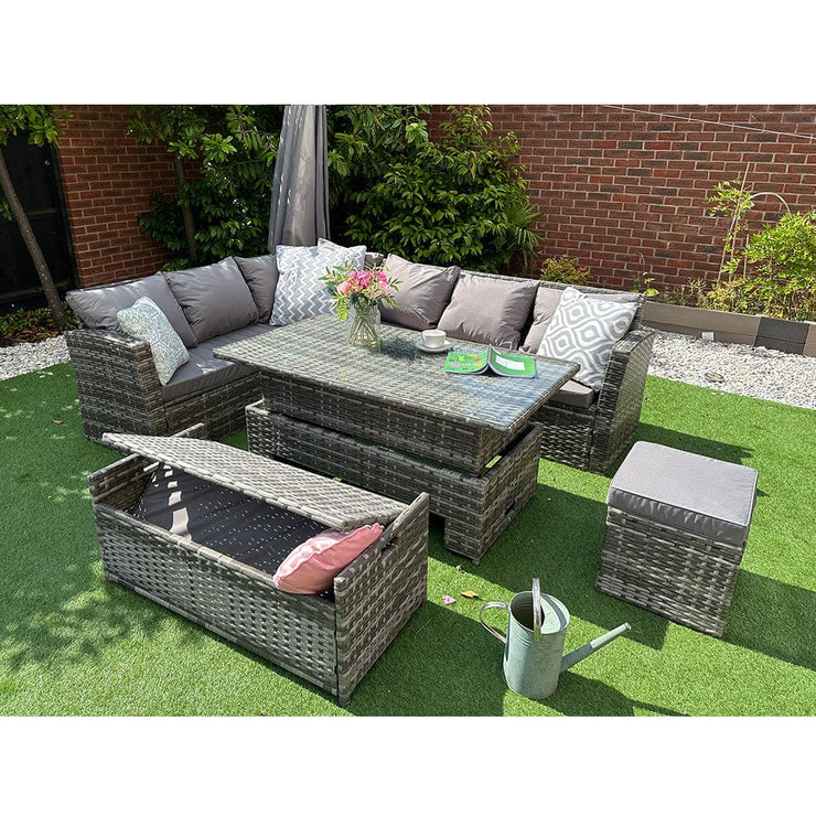 Rosen Rattan Garden Furniture 9 Seater Corner Sofa Rising Table & Storage Bench Sets in Grey