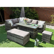 Rosen Rattan Garden Furniture 9 Seater Corner Sofa Rising Table & Storage Bench Sets in Grey