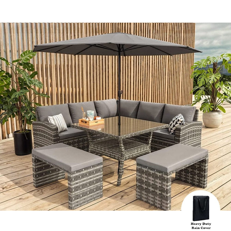 Rosen 9 Seater Rattan Garden Furniture Cube Dining Set With Parasol In Grey