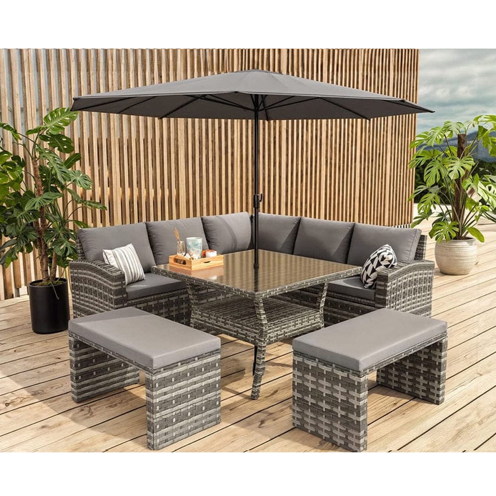 Rosen 9 Seater Rattan Garden Furniture Cube Dining Set With Parasol In Grey