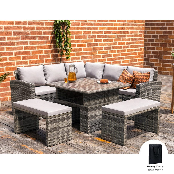 Rosen Rattan Garden Furniture 9 Seater Corner Sofa Rising Table Set With 2 Benches In Grey