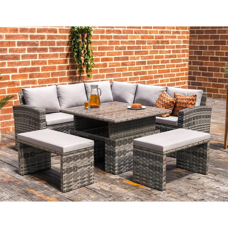 Rosen Rattan Garden Furniture 9 Seater Corner Sofa Rising Table Set With 2 Benches In Grey