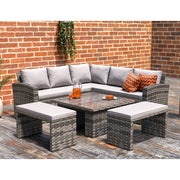 Rosen Rattan Garden Furniture 9 Seater Corner Sofa Rising Table Set With 2 Benches In Grey