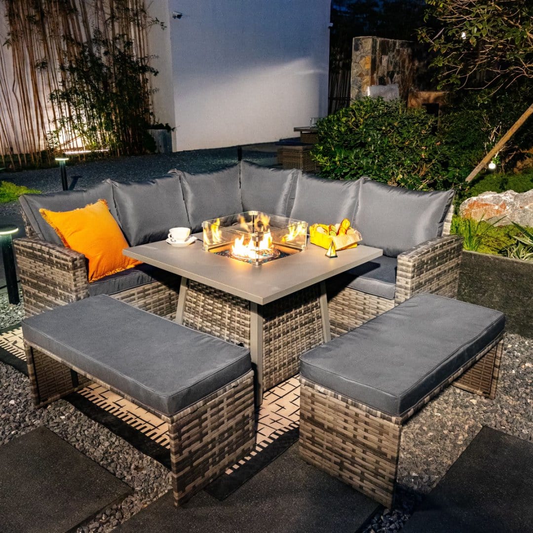 Rosen 9 Seater Fire Pit Rattan Garden Furniture Corner Sofa Cube Set With 2 Benches In Grey