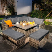 Rosen 9 Seater Fire Pit Rattan Garden Furniture Corner Sofa Cube Set With 2 Benches In Grey