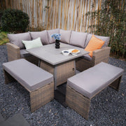 Rosen Rattan Garden Furniture 9 Seater Corner Sofa Set with Fire pit Dining Table in Mixed Nature And Grey