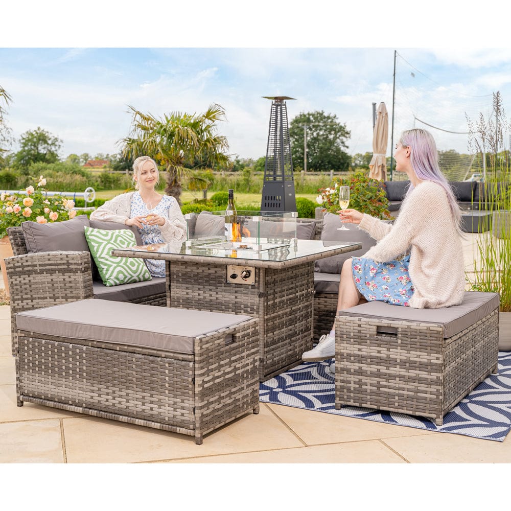 Rosen Rattan Garden Furniture 9 Seater Corner Sofa Set with Fire pit Dining Table in Grey