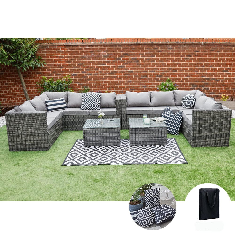 Vancouver 10 Seater Rattan Corner Sofa Patio With Fire Pit Option Set