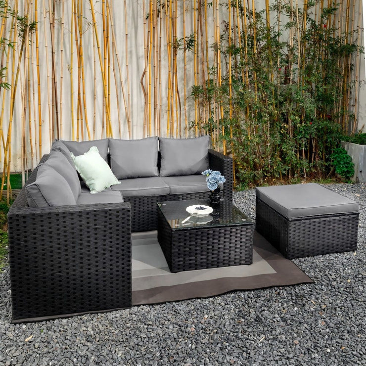 Vancouver 6 Seater Modular Rattan Sofa Set In Black