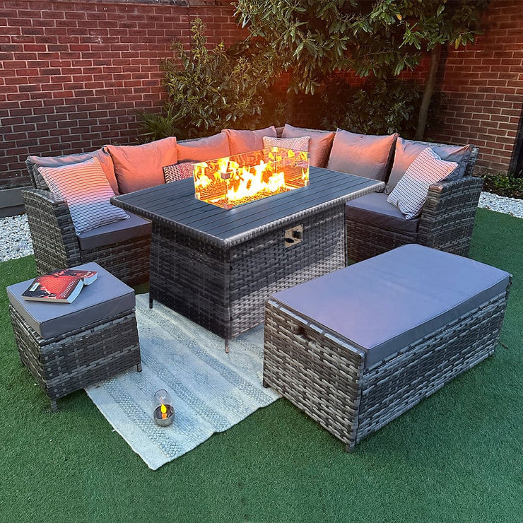 Rosen 9 Seater Rattan Garden Furniture Corner Sofa Set with Fire pit Dining Table and Storage Box in Grey