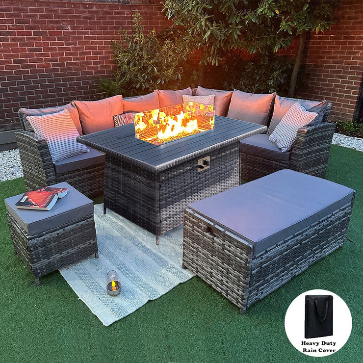 Rosen 9 Seater Rattan Garden Furniture Corner Sofa Set with Fire pit Dining Table and Storage Box in Grey