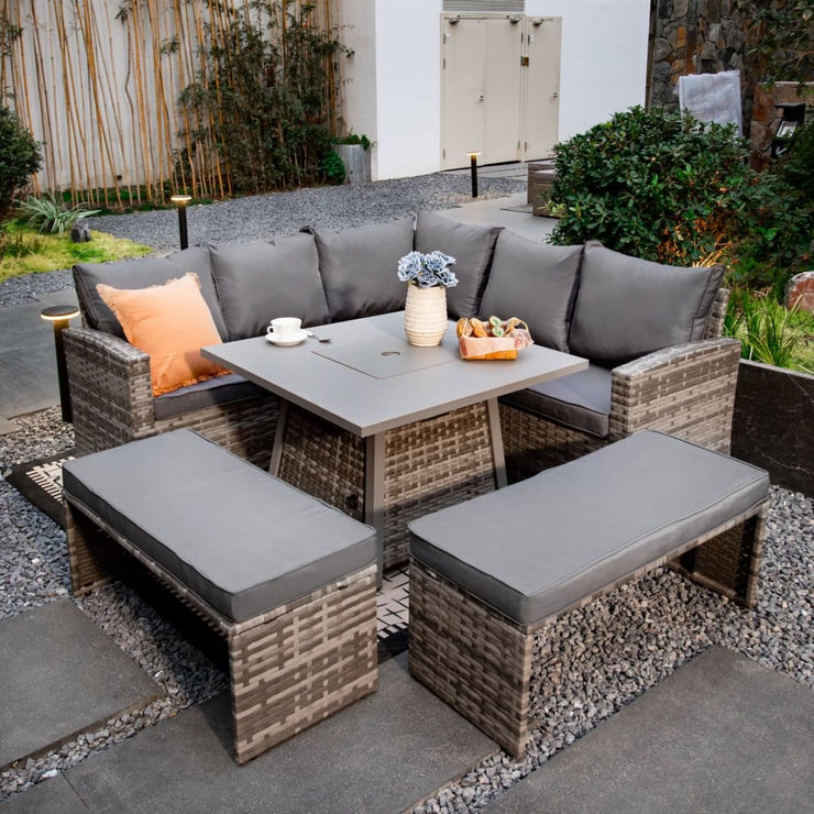 Rosen 9 Seater Fire Pit Rattan Garden Furniture Corner Sofa Cube Set With 2 Benches In Grey