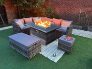 Rosen 9 Seater Rattan Garden Furniture Corner Sofa Set With Aluminum Fire Pit Dining Table And Storage Box