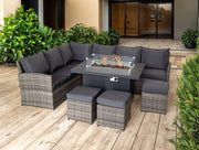 Rattan Sofa Dining Set With Metal Fire Pit Table