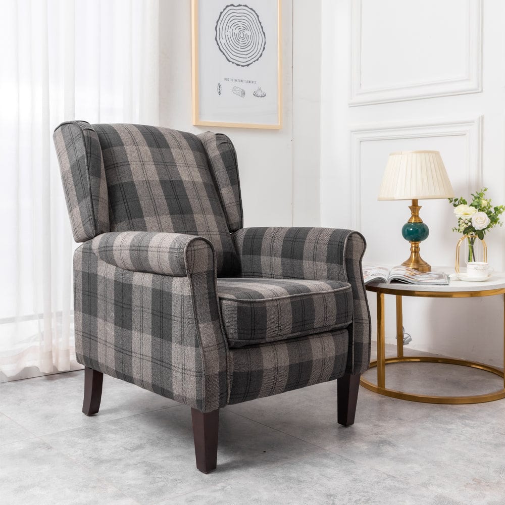 Ascot Grey Tartan Wingback Fabric Recliner Chair